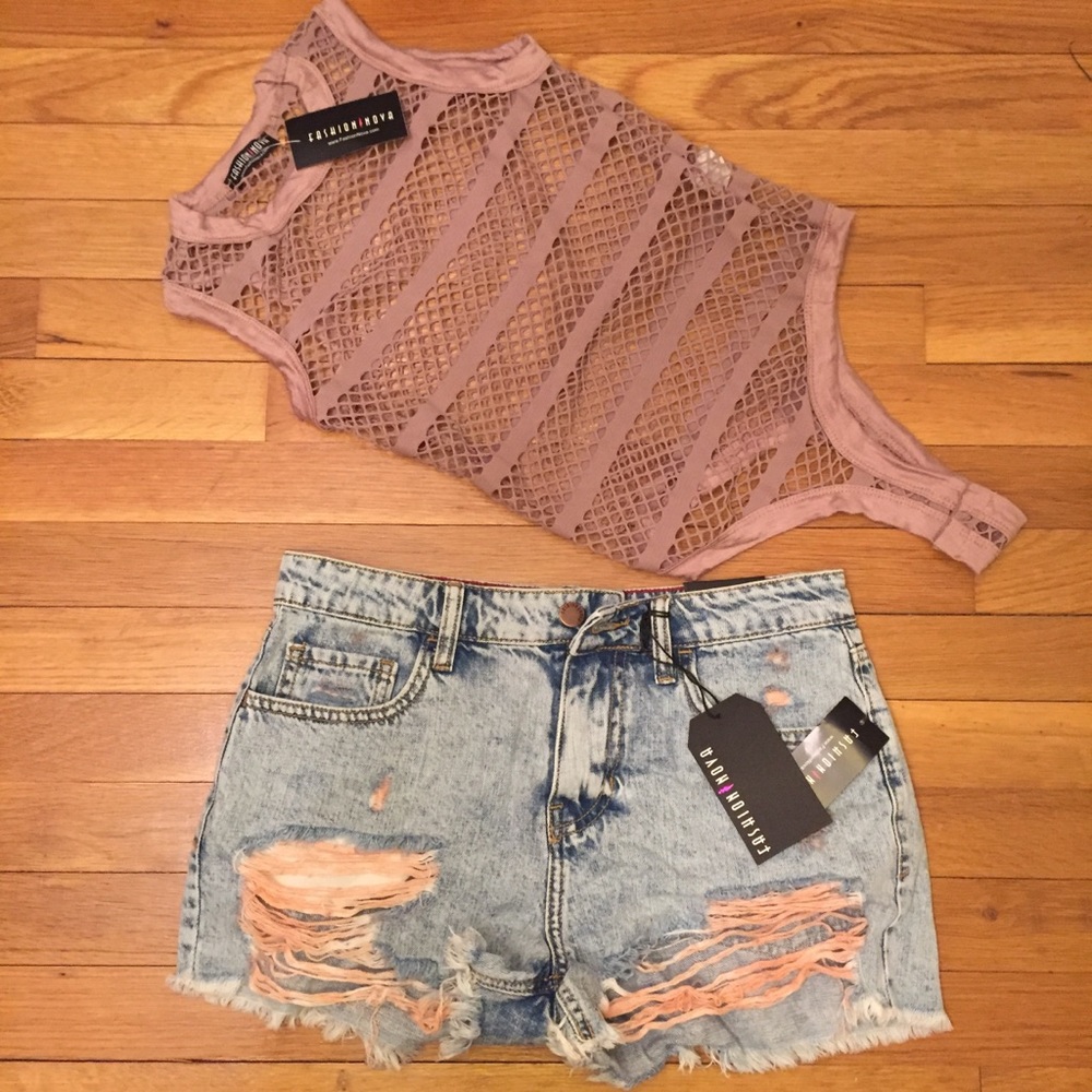 Fashion Nova BUNDLE Pink Mesh Bodysuit Jean Shorts